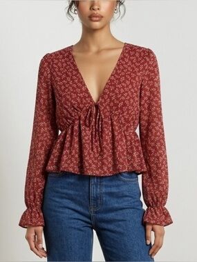 SHEIN Rust Floral Tie-Front Peplum Long-Sleeve Top